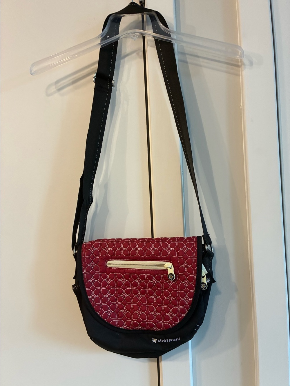Sherpani Quilted Pink Floral Accent Crossbody with Black Trim